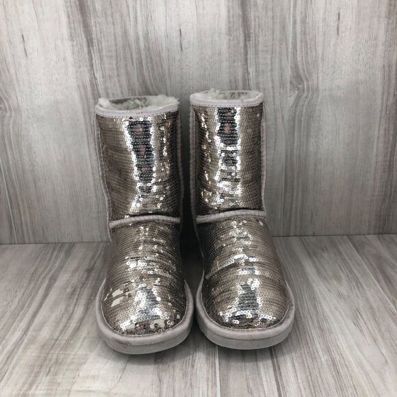 UGG Boots Women's 6 Silver Sequin Shearling Lined Winter Slip On - Picture 7 of 11